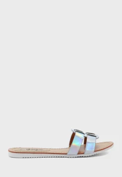 Iridescent Buckle Strap Flat Sandal